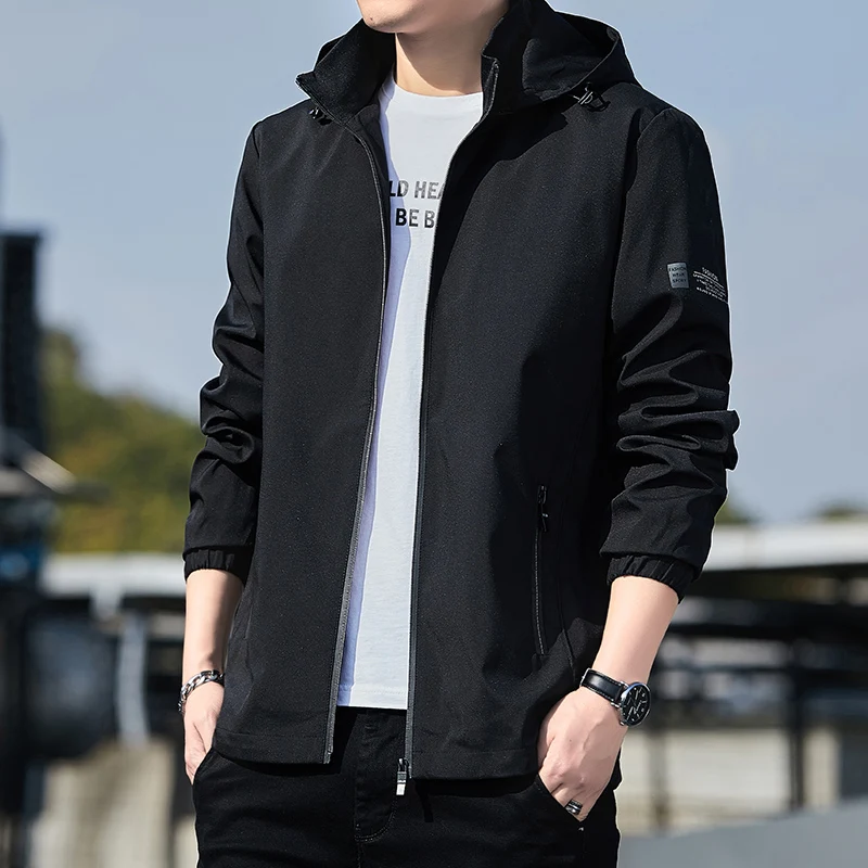 2022 Men's Spring Autumn Jackets Solid Color Hooded Casual Jacket Windproof Man Windbreaker Black Blue Gray Size M-5XL