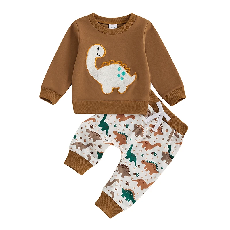 Baby Boy Fall Outfit Dinosaur Pattern Long Sleeve Sweatshirt and Elastic Pants 2 Piece Jogger Clothes for Toddler