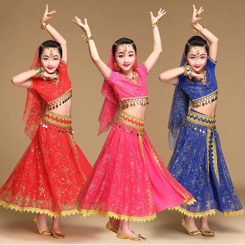 Belly Dance Costume Children Bollywood Dance Costumes Set Indian Bollywood Kids Dresses 5pcs (Headpieces Veil Top Belt Skirt)