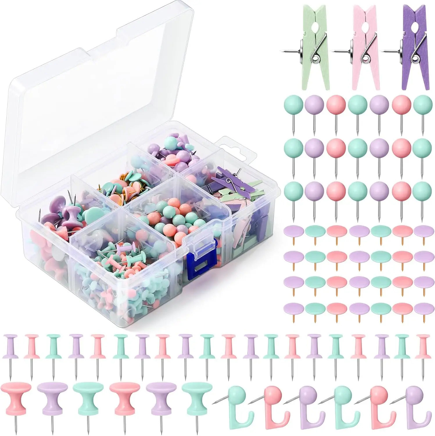 

600 Pcs Pastel Color Push Pins, 6 Types Cute Tacks for Bulletin Boards, Classroom Decor & Crafts