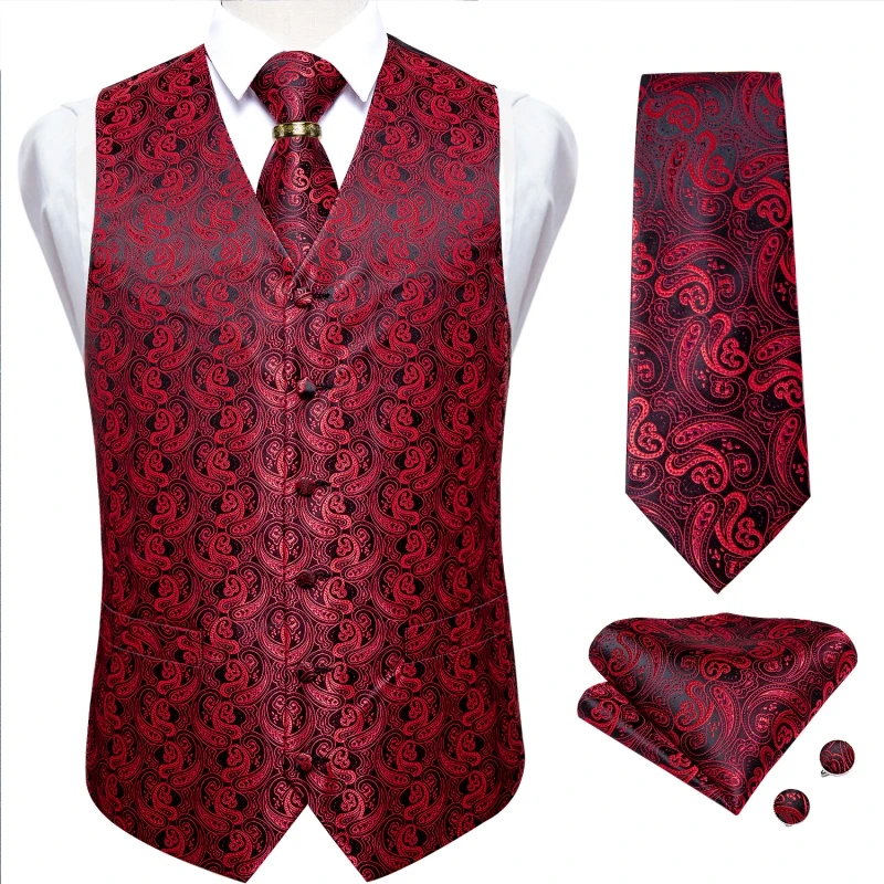 Luxury Red Paisley Silk Men's Vests Neck Tie Set With Ring Wedding Party Slim Suit Vest Men Waistcoat Casual Sleeveless Jacket