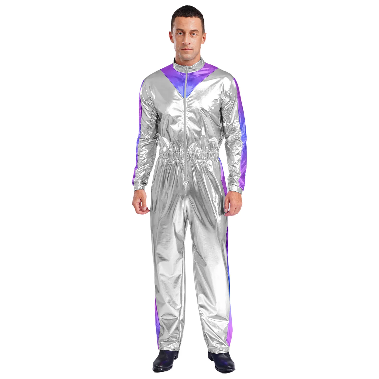 

Men Astronaut Space Shiny Bodysuit Long Sleeves Elastic Waist Jumpsuit Fashion Casual Clothes for Party Club Halloween Wear