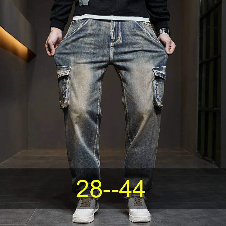 Vintage Denim Pants Men 44 Plus Size Jeans Fashion Casual Straight Pants Multiple Pockets Cargo Jeans Male Baggy Jeans Big Size