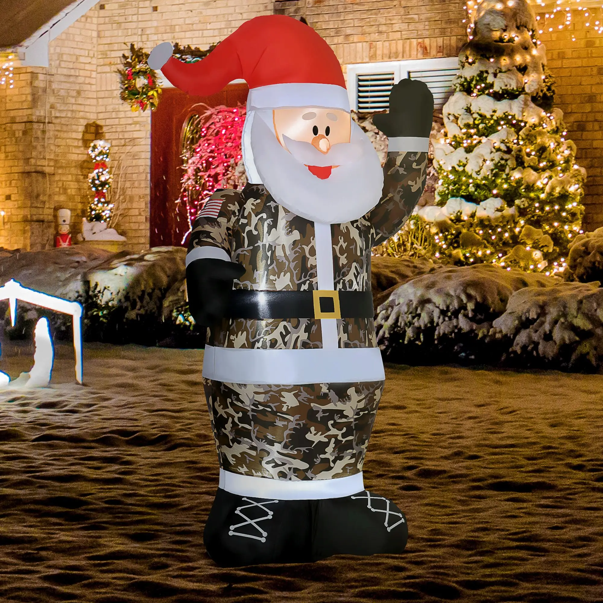 8' Christmas Inflatables Outdoor Decorations Santa Claus Wearing Camouflage, Blow-Up Yard Decor with LED Lights Display