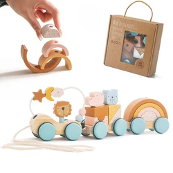 Baby Wooden Trailer Car Toys Rainbow Stacking Balance Blocks Animal Traction Car Star Moon Slider Beads For Kids Montessori Toys