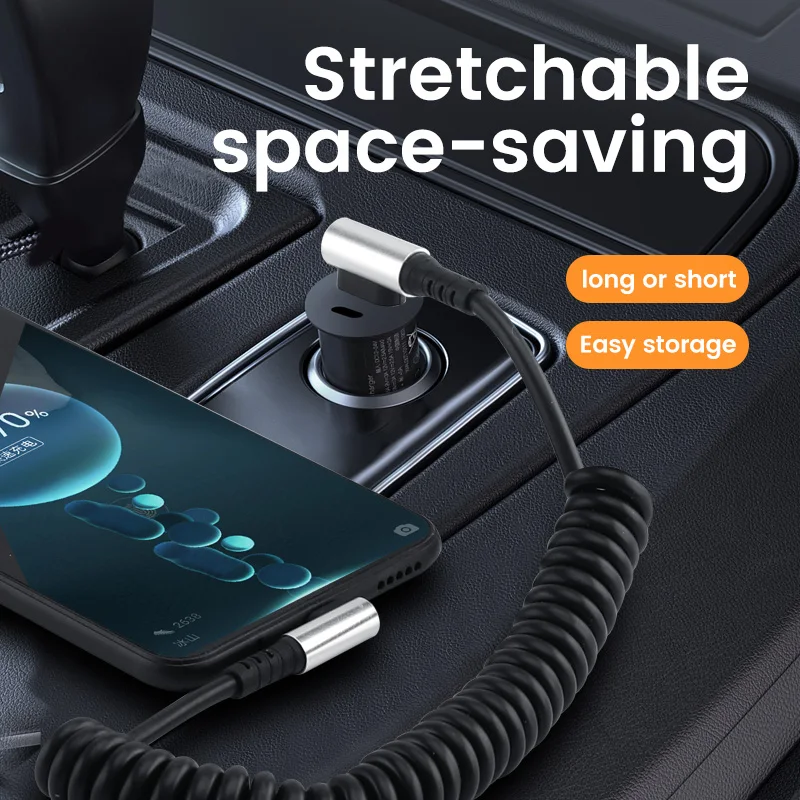 90 Degree Elbow Spring Cable USB Type C 6A Fast Charging 0.35-1.6M Retractable Data USB C To Type C Cable For iphone 15 Android