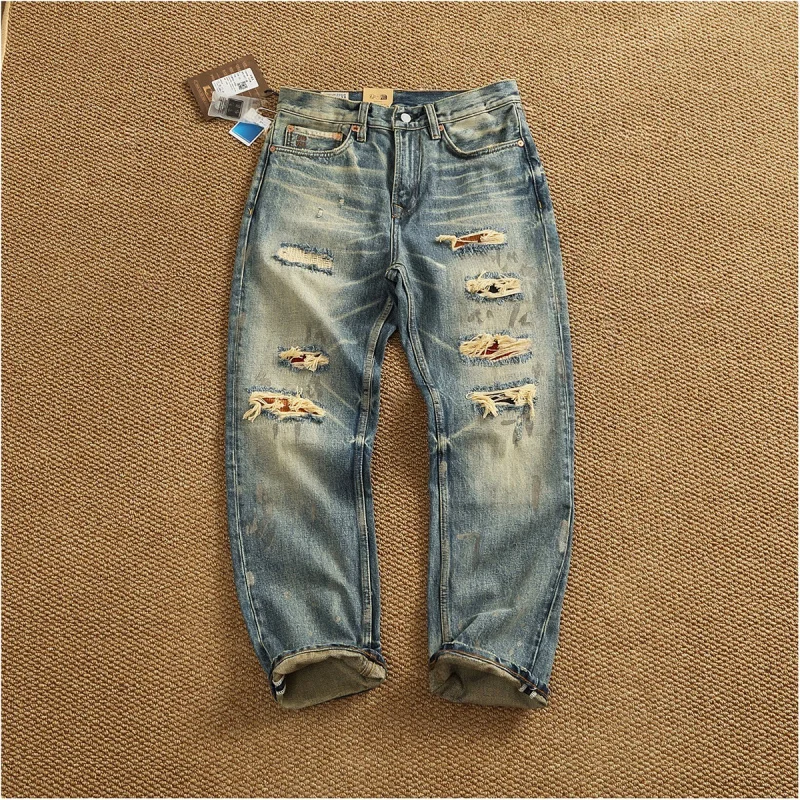 

High-End Heavyweight High Street Ripped Patchwork Jeans Men Whiskering Tapered Straight Retro Denim Trousers