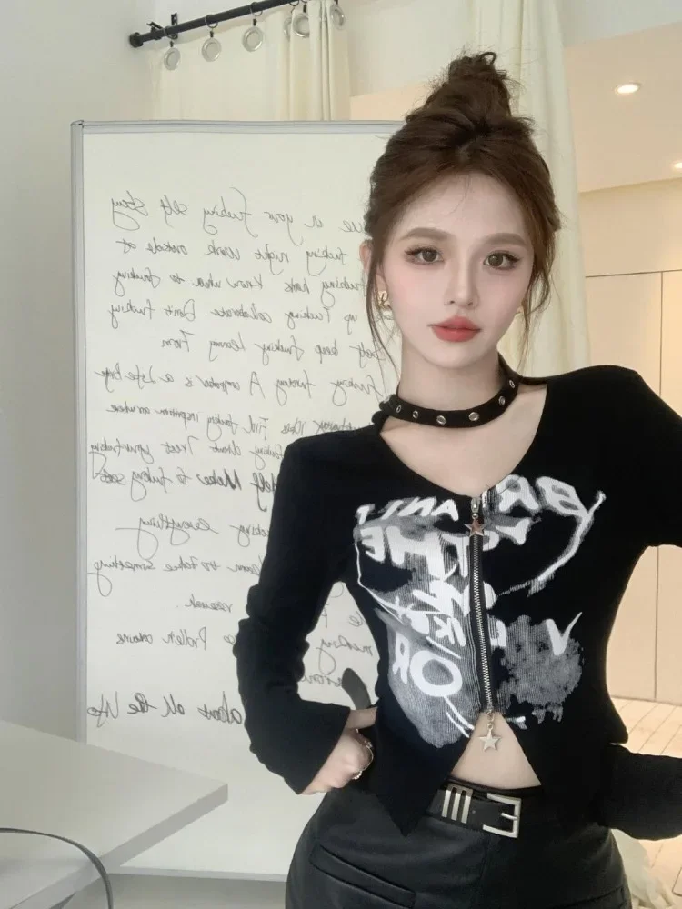 Autumn Fashion Sexy Halter Cropped Cardigan Y2k Aesthetic Slim Fit Double Zippers Tops Women All Match  Letter Print Tees