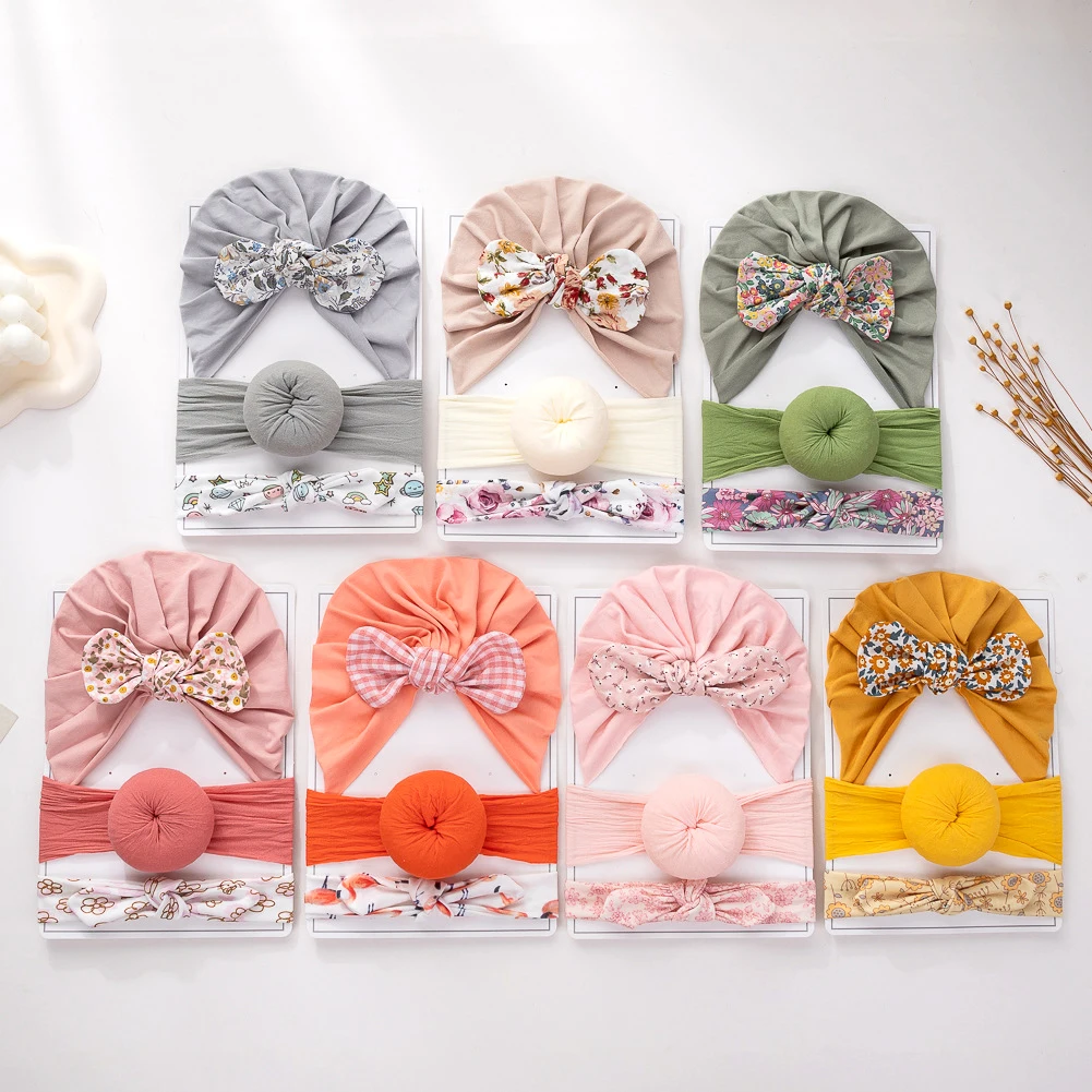 1set Newborn Cotton Beanie Hat Sets Floral Print Rabbit Bow Knot Headband Baby Girl Nylon Donut Headbands Baby Headwrap Headwear