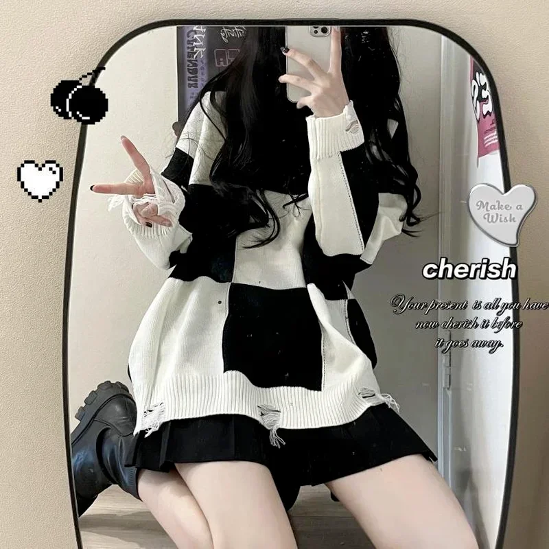 Koreanischen Stil Plaid Nette Oversize-Pullover Frauen Harajuku Aushöhlen Gestrickte Crewneck Jumper Pullover Weibliche Schweiß Tops
