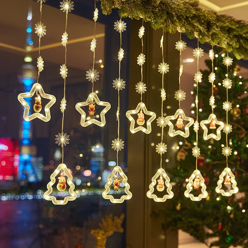 Popular Santa Claus LED Curtain Lights, 10 Miniature Snowflake Christmas String Lights with 8 Lighting Modes