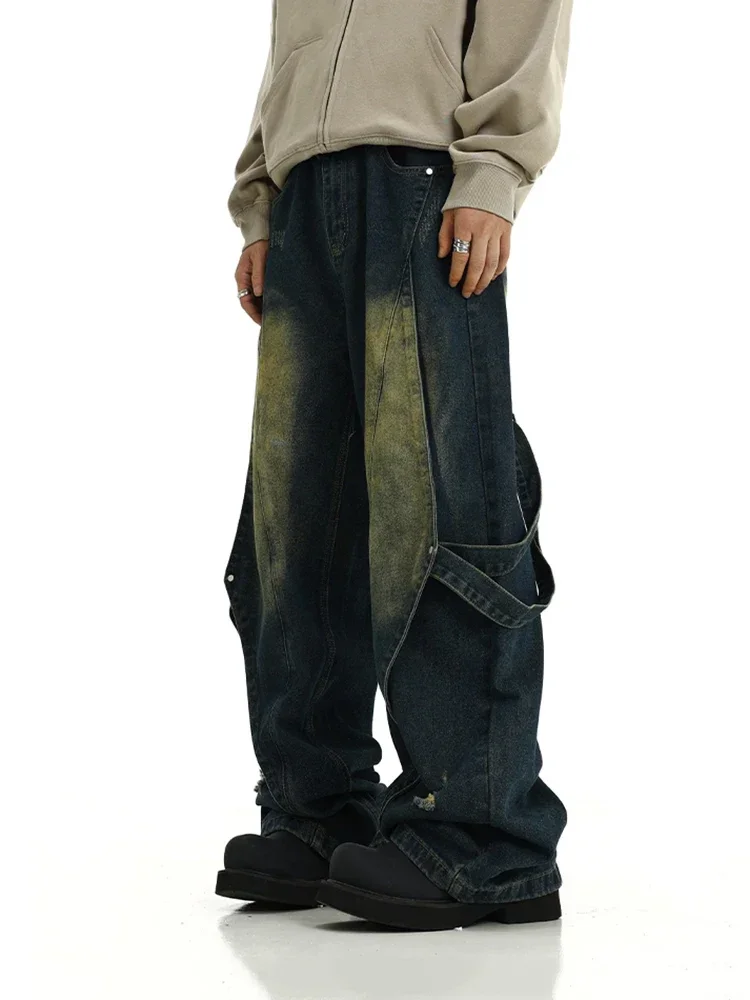 

90s Retro Green Wash Patchwork Baggy Jeans Men Y2k Deconstructed Belt Destroyed Low Rise Big Size Casual Wide Pants