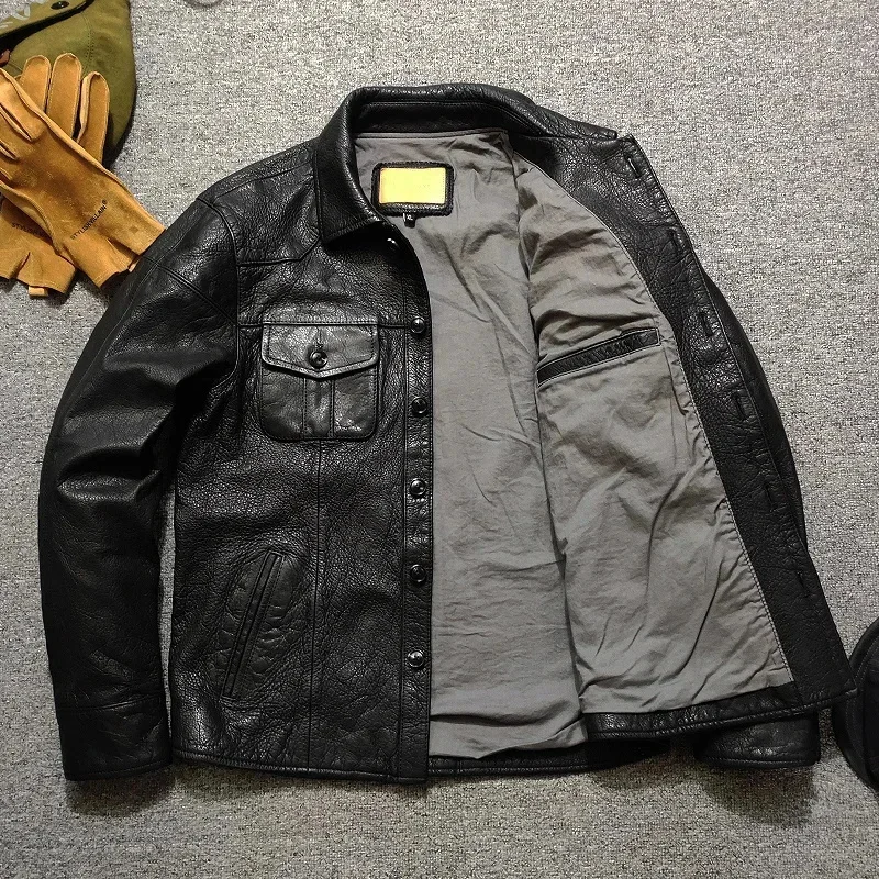 YR!Wholesales.Men Black Rough goatskin pattern jacket.Japanese style.slim fashion leather coat.Natural quality cloth