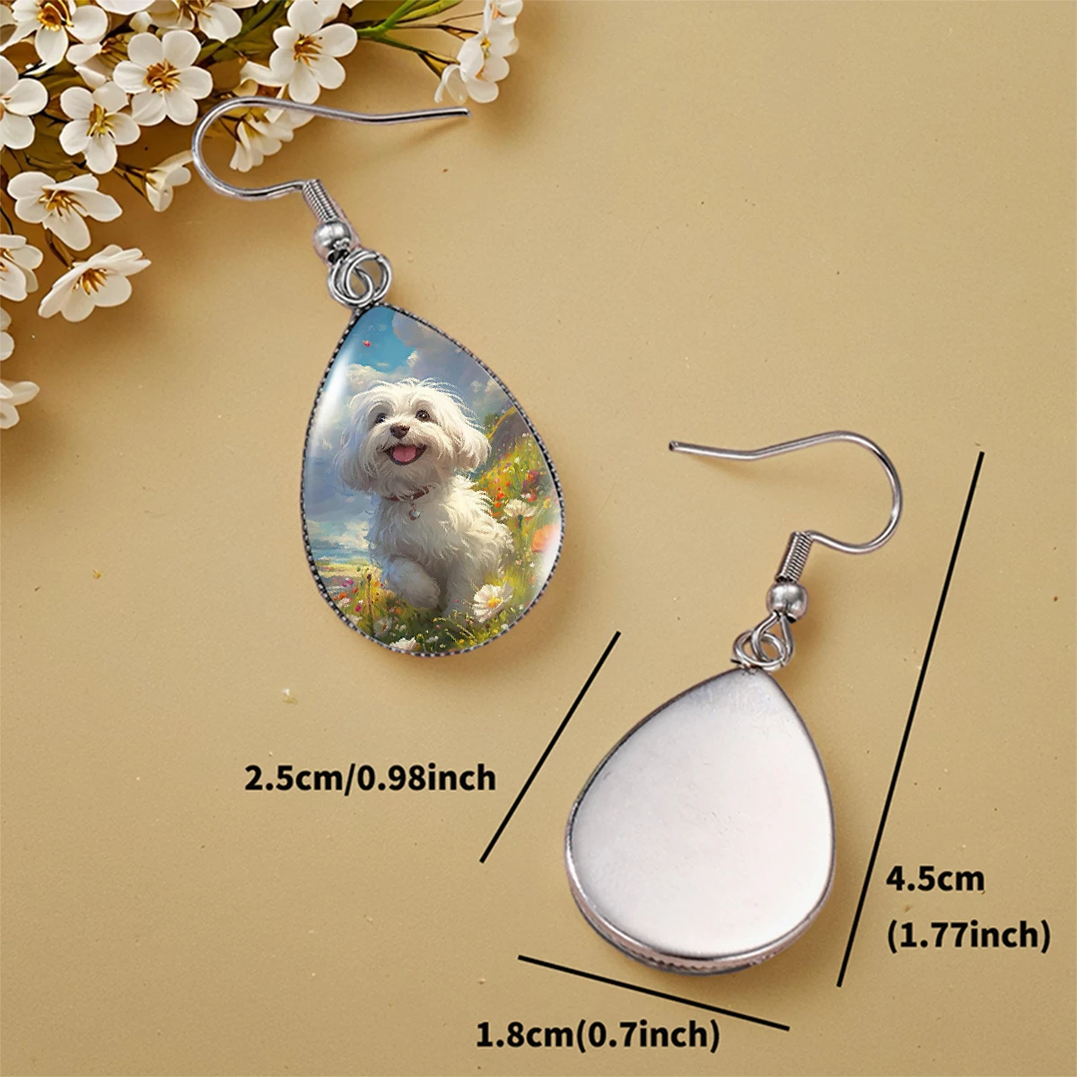 Running curly haired puppy illustrate fashionable drop earrings glass jewelry gift