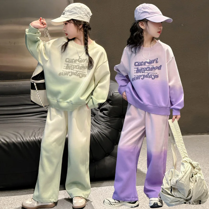 2026 Kids Gradient Clothes Set For Girl Letter Print Sweatshirt Pants 2pc Hip Hop Tracksuit Child Costume Streetwear Outfit Suit