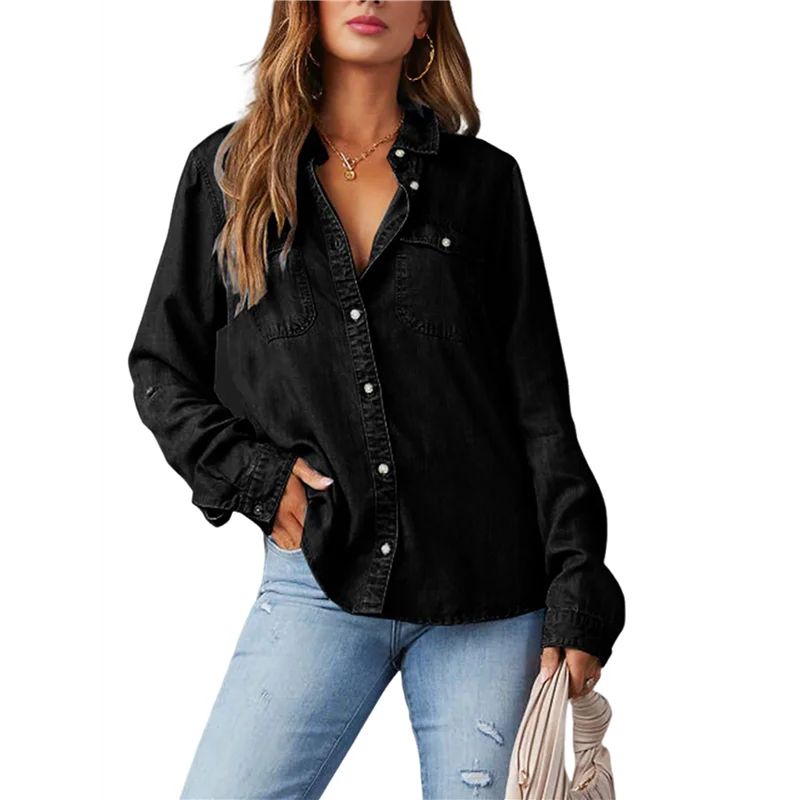 

AG-Women Button Down Denim Shirts Casual Long Sleeve V Neck Chambray Blouse Top