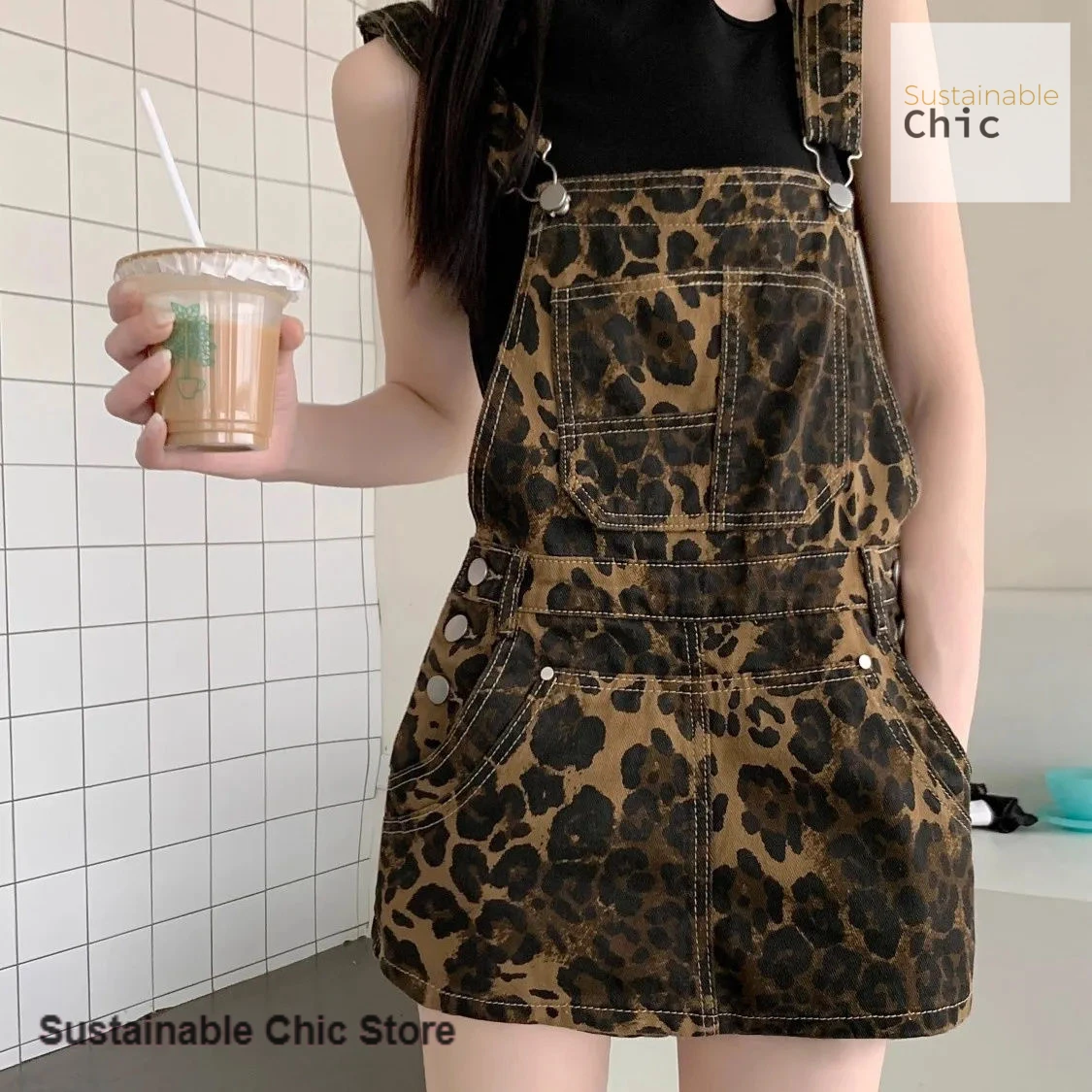 กระโปรงยีนส์ลายเสือดาวสไตล์อเมริกันย้อนยุคสำหรับผู้หญิง ฤดูใบไม้ผลิและฤดูใบไม้ร่วง ดีไซน์แฟชั่นใหม่ สไตล์ลำลองสบายๆ ทรงกระโปรงกางเกง