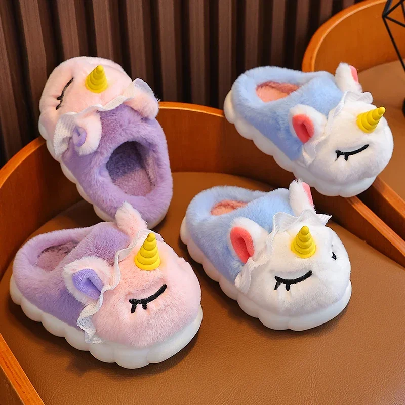 New Winter Kids Cotton Slippers Cartoon Unicorn Children\'s Indoor Slides Non-Slip Platform Girls And Boys Warm Plush House Shoes