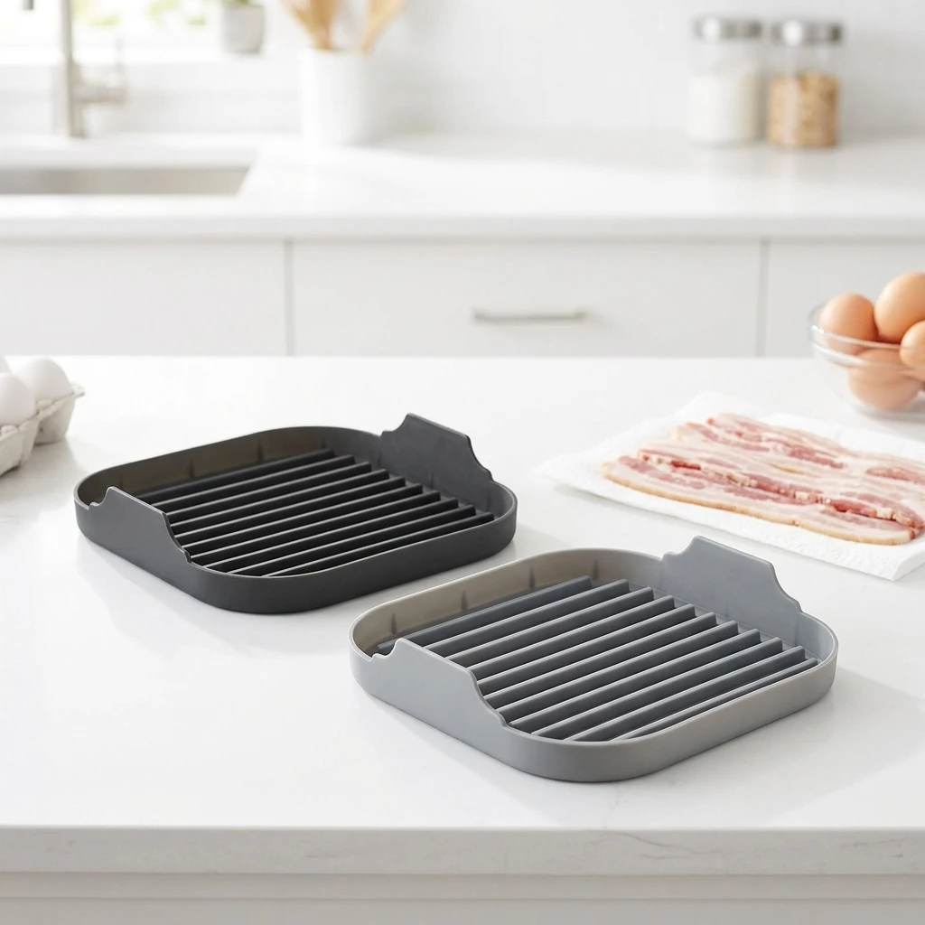 Food Grade Silicone Bacon Tray Set Heat Resistant Non Stick Grease Draining for Microwave Kitchen Home Use 2pcs
