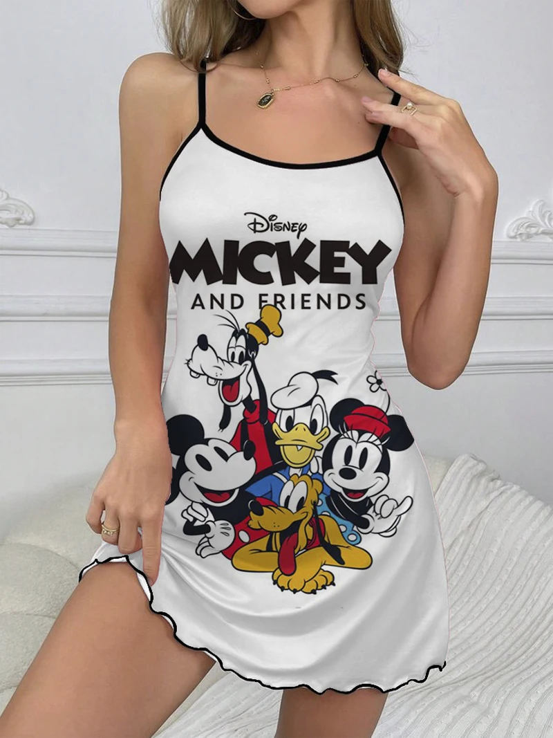 Slip Dress Lettuce Trim Mickey Summer Clothes Pajama Skirt Minnie Mouse Crew Neck Sexy Dresses Disney Fashion 2024 Women's Mini