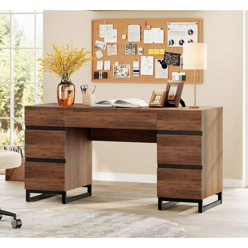 

59 Modern administrative desk with drawers, wooden computer desk with charging station, home desk with file drawers