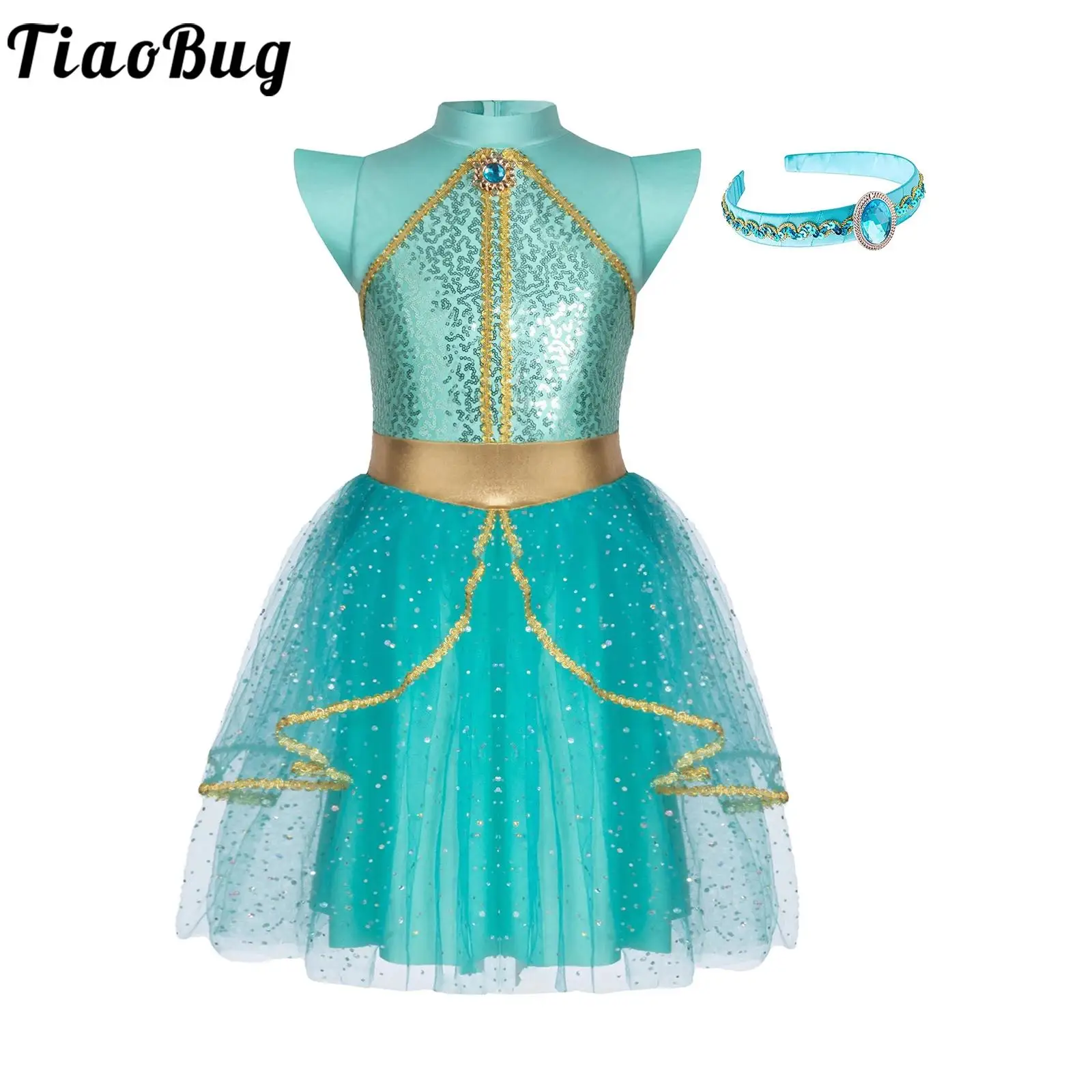

Girls Jasmines Princess Costume Halloween Cosplay Arabian Princess Fancy Dress Up Sequins Mesh Overlay Dress for Theme Party