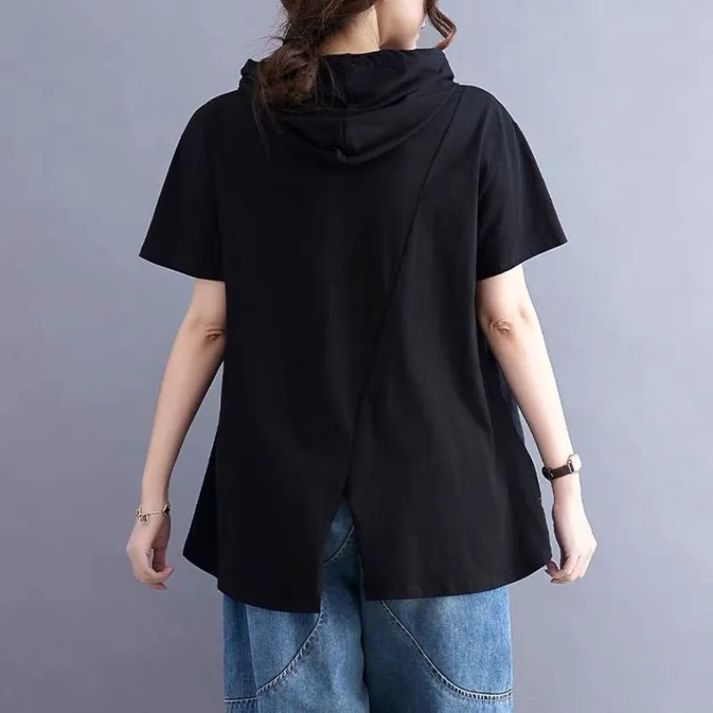 Summer New Women Solid Color Korean Commute Button Short Sleeve T-shirt Irregular Spliced Hooded Drawstring Hoodies Casual Tops