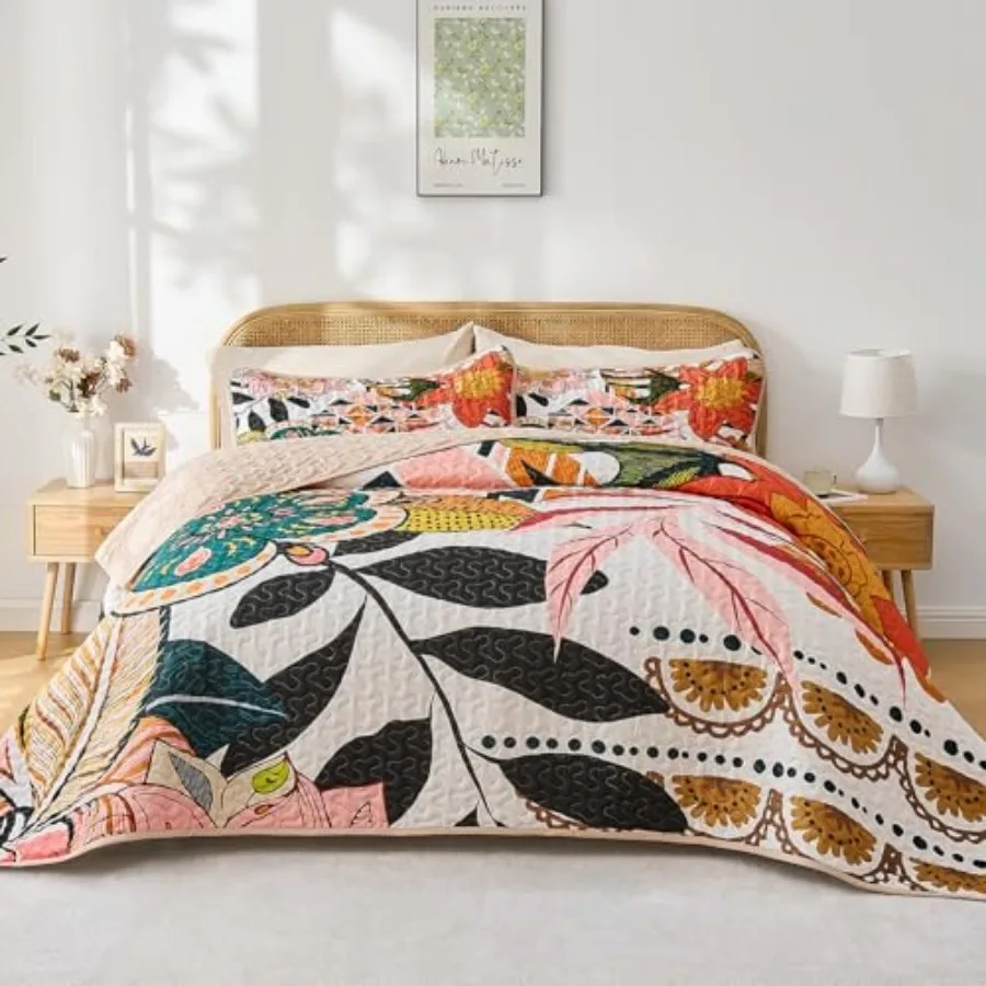 

Quilt Set Size Boho Pcs Soft Bed Cover Bedding Set Mid Century Flowers Lightweight Bedspread Coverlet with 2 Pillow Sham for Al