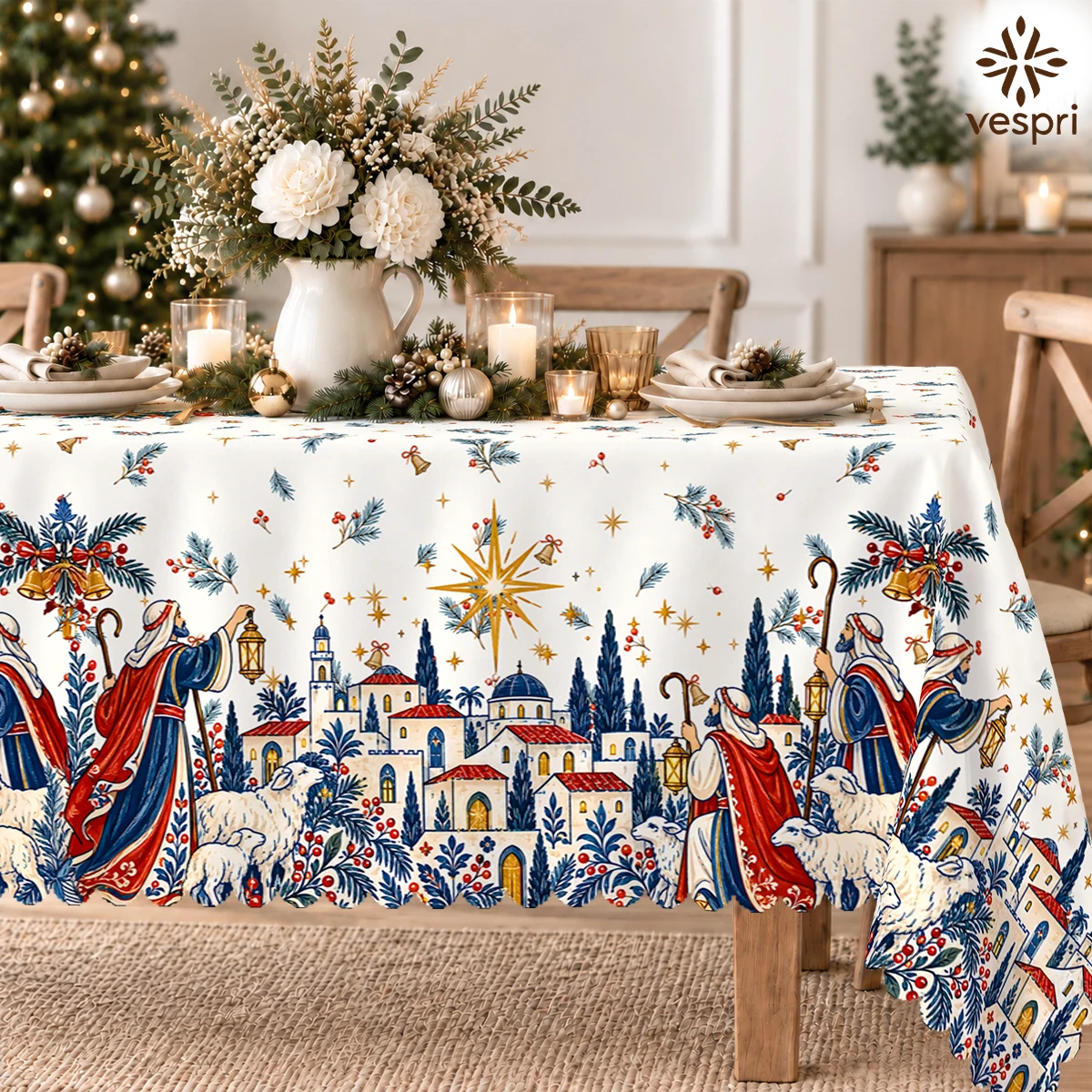 Winter Christmas Tablecloth with Snowy Bridges & Angels for Indoor/Outdoor Camping decor, Rectangular/Round/Oval