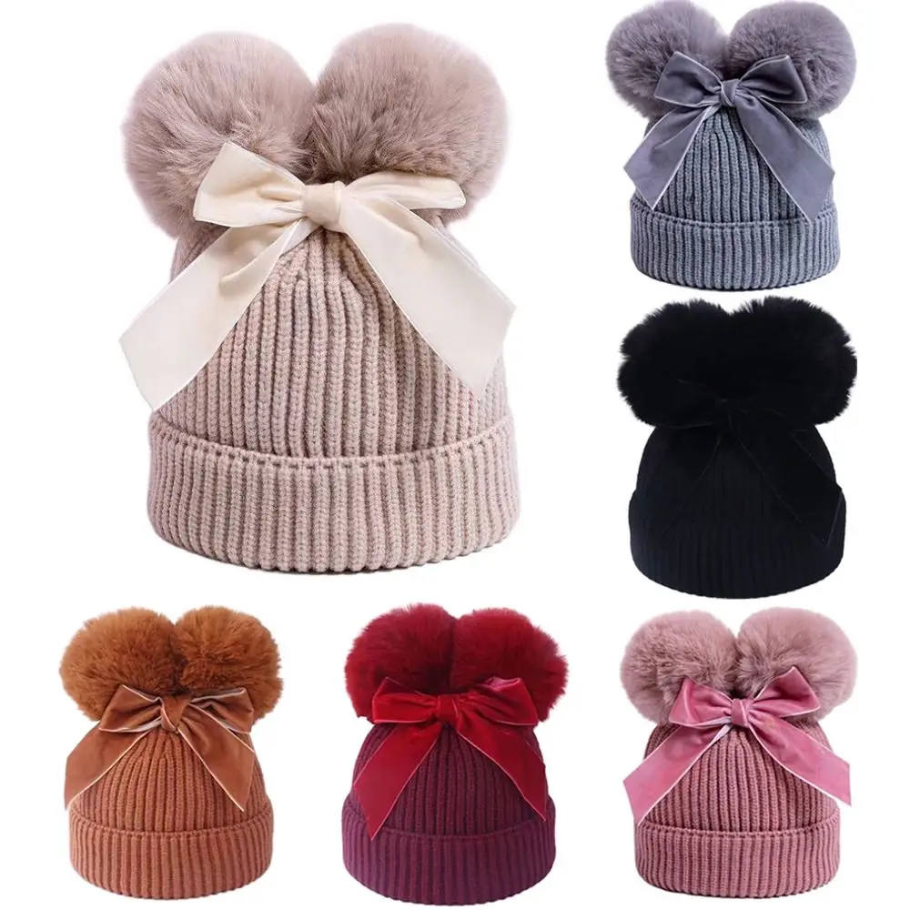 Winter Knitted Children's Woolen Hat Cotton Lining With Pom Pom Baby Winter Hats Thicken Warm Cap Boys Girls