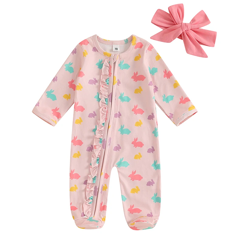

Baby Girl 2Pcs Easter Outfits Long Sleeve Round Neck Bunny Print Ruffle Jumpsuit with Headband Set Newborn Clothes