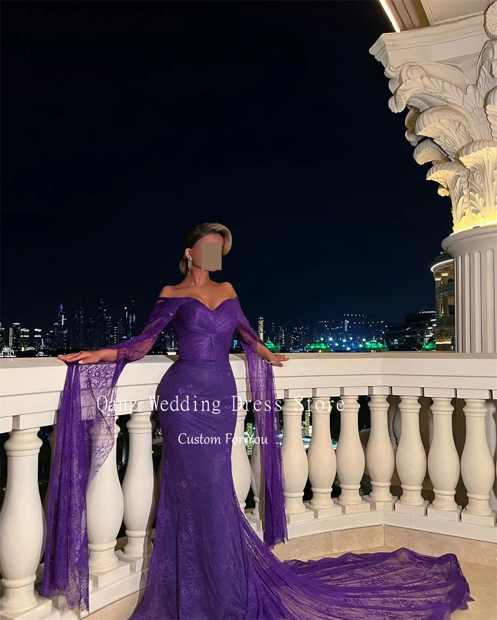 Qanz Purple Lace Luxury Evening Dresses Long Cape Sleeves Mermaid Vestidos De Fiesta 2024 Abendkleider Dubai Customized