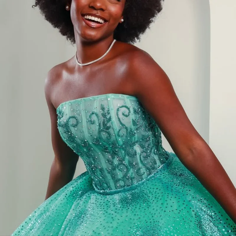 Shiny green Quinceanera Dress off-shoulder Lace glitter decal Long tail Bow vestidos de 15 Quinceanera ﻿Customize