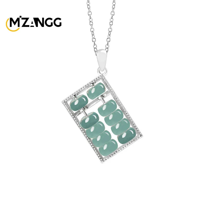 Myanmar Jadeite Blue Water Fortune Abacus Pendant S925 Silver Inlaid Jade Necklace Exquisite Fashion Jewelry for Men and Women