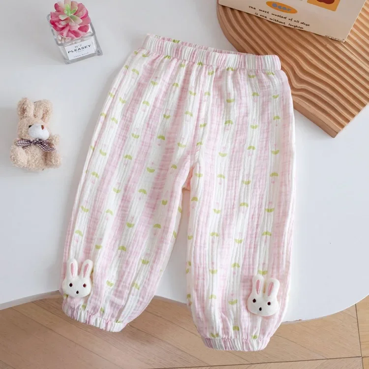 Bequeme Baumwoll-Freizeithose für Mädchen, atmungsaktive Sommerhose mit elastischem Bund, niedliche Hasen-Unterhose für Kinder – Detail 5