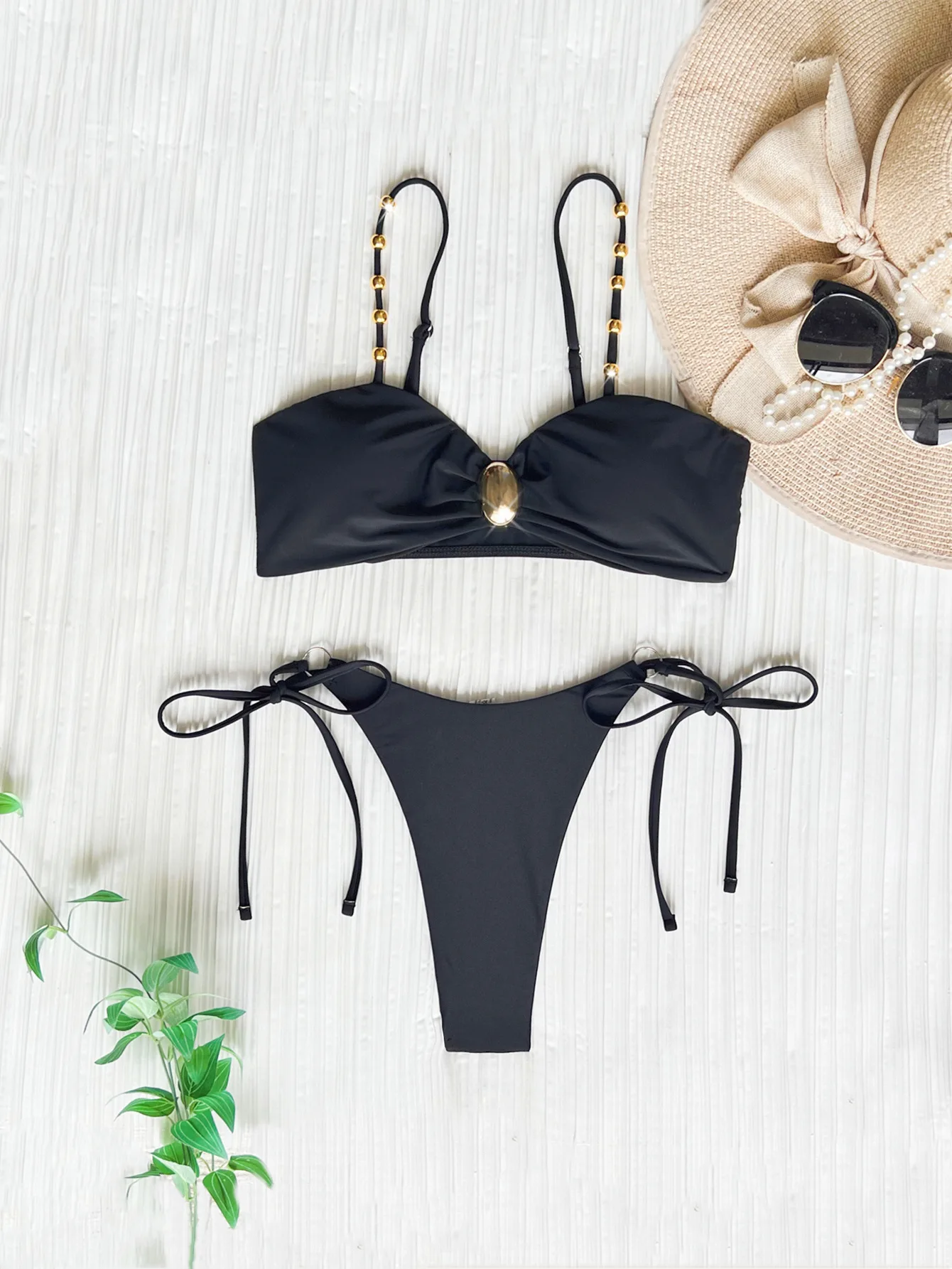 sexy metal beads bikinis sets two pieces black tie thong plain swimsuits beachwear bathing suit swimwear biquini tankini