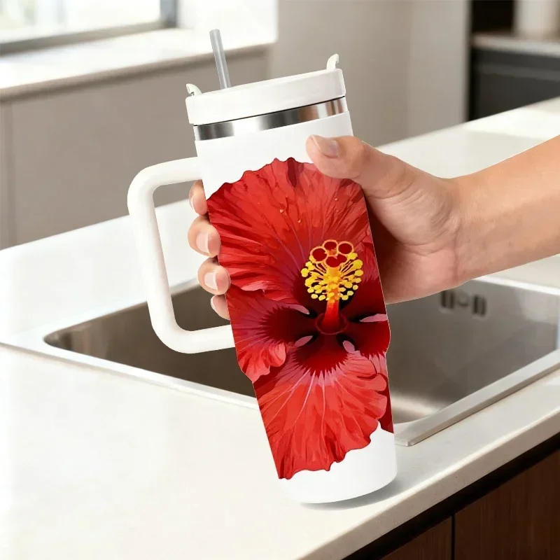 Vibrant Red Hibiscus Floral 40Oz Stainless Steel Tumbler, Digital Print Ruffled Petal Design with Green Leaves, Insulated Drink Cup for Everyday Use, Outdoor Trips & Beverage on The Go