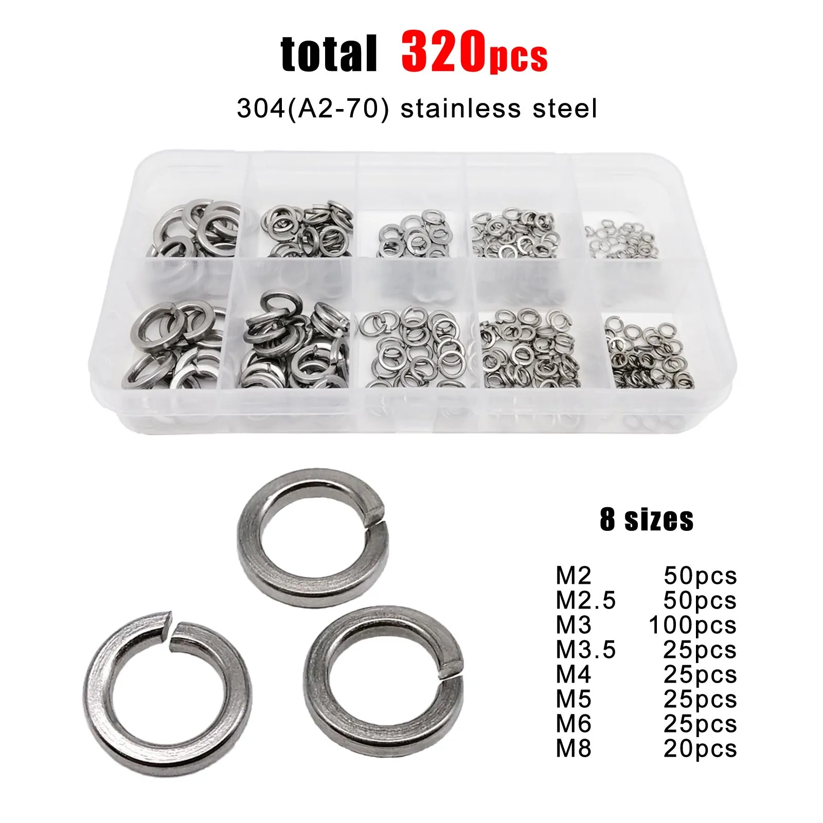 320 stks/doos GB93 Lente Split Borgring Elastische Pakking Assortiment Kit Set M2 M2.5 M3 M4 M5 M6 M8 304 A2 Roestvrij staal Zwart