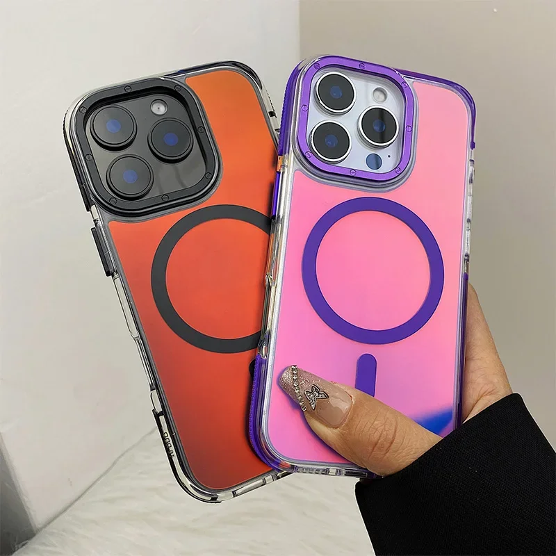 

Luxurious chameleon Metal Lens MagSafe Phone Case for iPhone 16 15 14 13 12 11 pro max plus Wireless Charging Discolour Cover