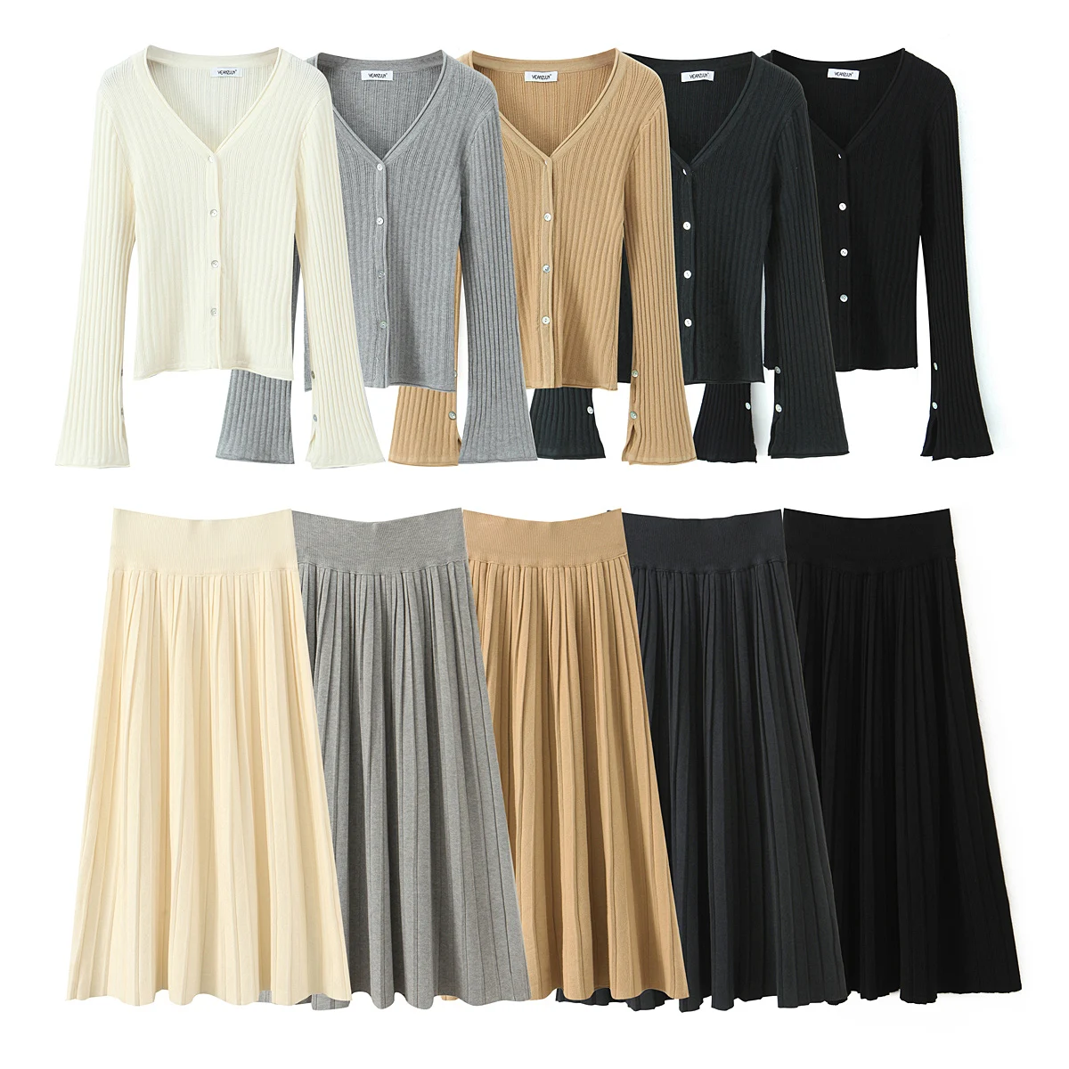 5 colors Preppy Style 2 pieces 1 set V neck Twist Knit Cardigan Women Elastic Waist Pleated Long Skirt Knitwear Matching Suits