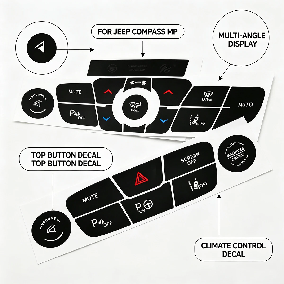 For Jeep Compass MP Interior Button Repair Sticker - AC Panel Climate Control Decal, Reverse Radar Hazard Light Fix