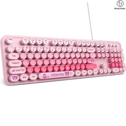 Ergonomic USB Plug and Play Wired Keyboard 104 Keys Full size Coloful Retro Round Cute Keycaps Wired Keyboard for WinXP/7/8/10