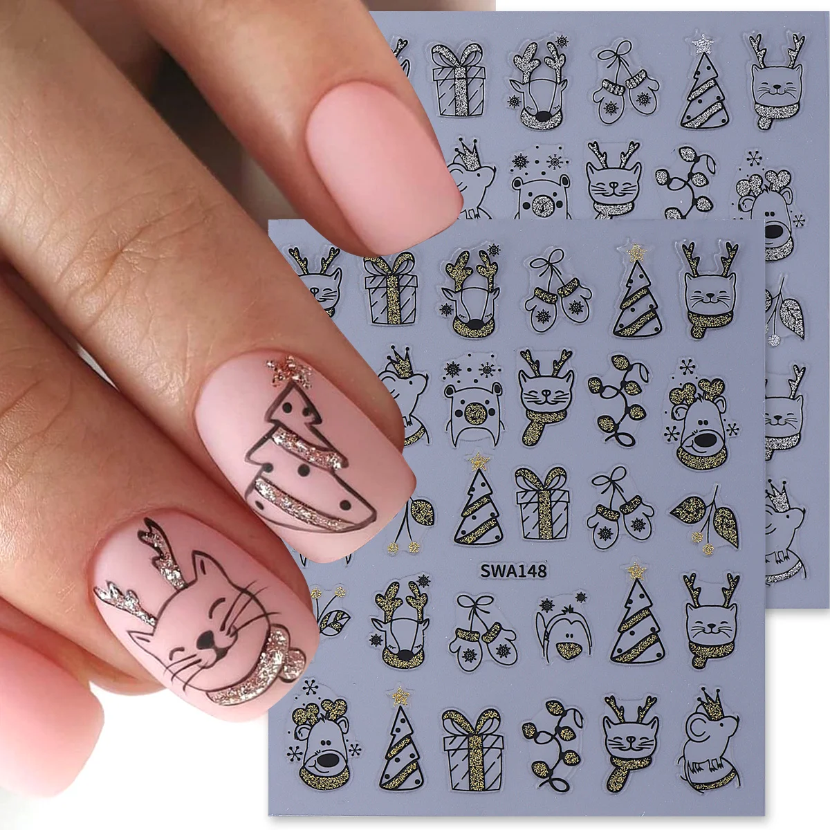 2pcs Shinning Cartoon Christmas Nail Art Sticker Sparkly Elk Cat Bear Xmas Tree Powder Decals Simple Line Design Manicure Decor