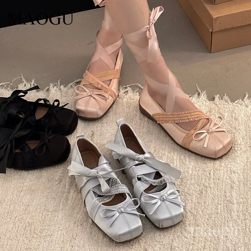 Zapatos Planos de Ballet con Cordones para Mujer, Zapatos Mary Jane con Punta Cuadrada y Lazo, Zapatos Planos de Satén Estilo Lolita Dulce, Zapatos Casuales para Mujer