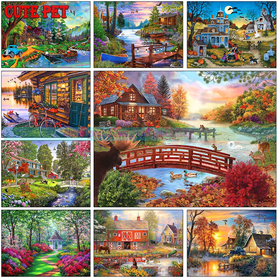 

landscape DIY Diamond Painting Attic Chalet cross stitch garden embroidery mosaic Village villa decor Small bridge flowing water