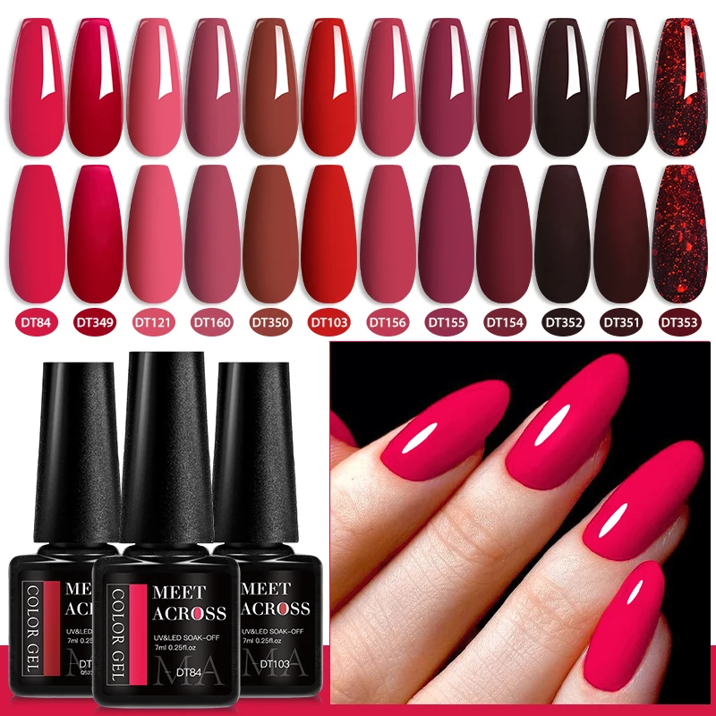 MEET ACROSS 7ml serie roja esmalte de uñas en Gel brillo rojo invierno barniz para decoración de uñas semipermanente remojo de Gel UV para uñas