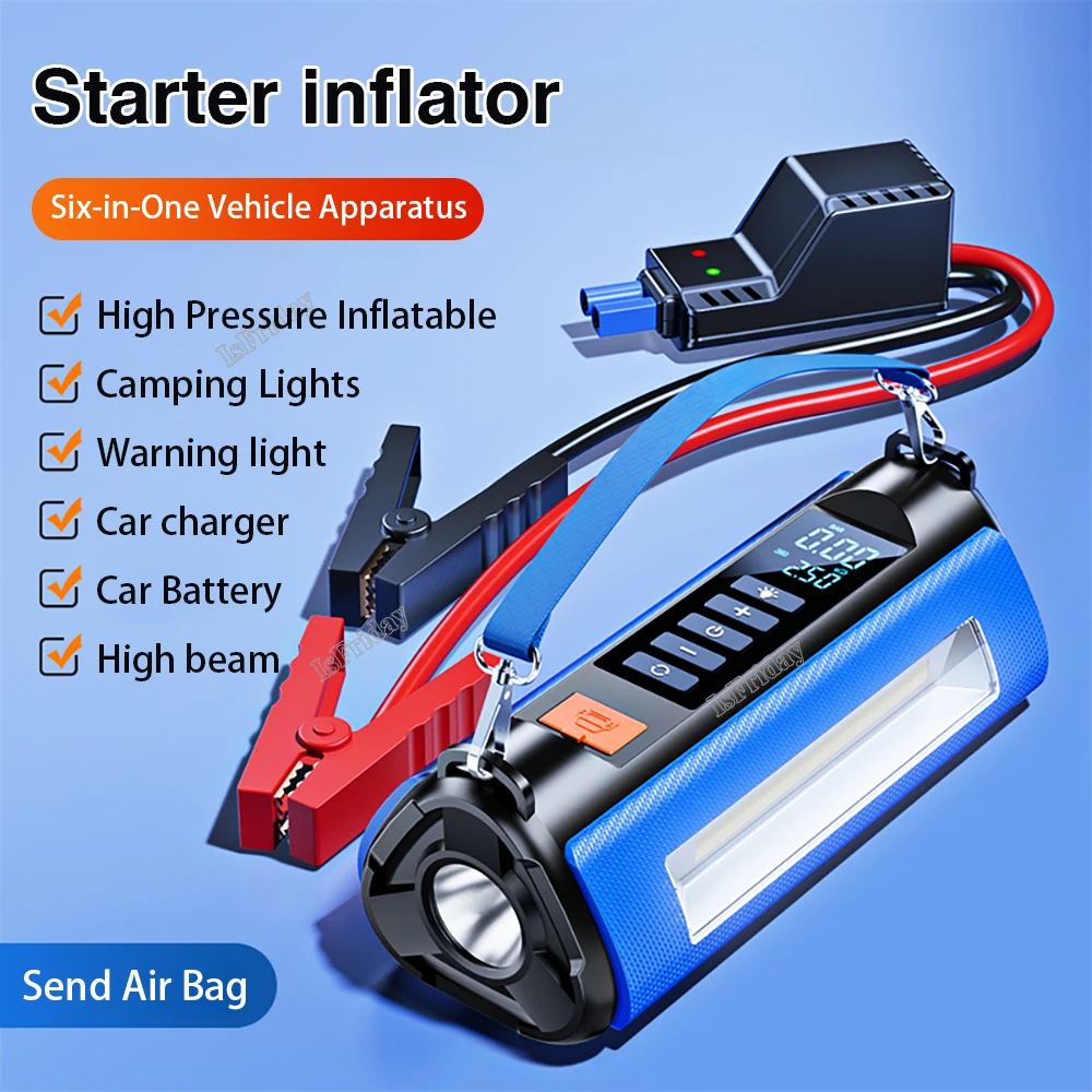 

4 in 1 Car Jump Starter Air Pump Outdoor Portable Power Lamp Portable Air Compressor Multifunctional Tire Inflator with EVA Bag