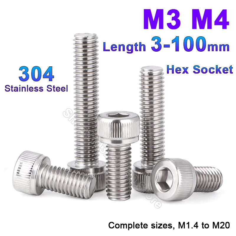 M3 M4 304 Stainless Steel Hexagon Hex Socket Head Cap Allen Bolt Screw DIN912 Length 3 3.5 4 5 6 7 8 9 10 11 12 13 14 15-100mm