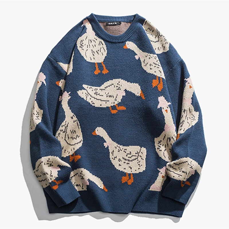 Ins American Hip Hop Duck Jacquard High Street Sweater Oversized Thicken Winter Clothes Harajuku Couples Pullover Kawaii Clothes