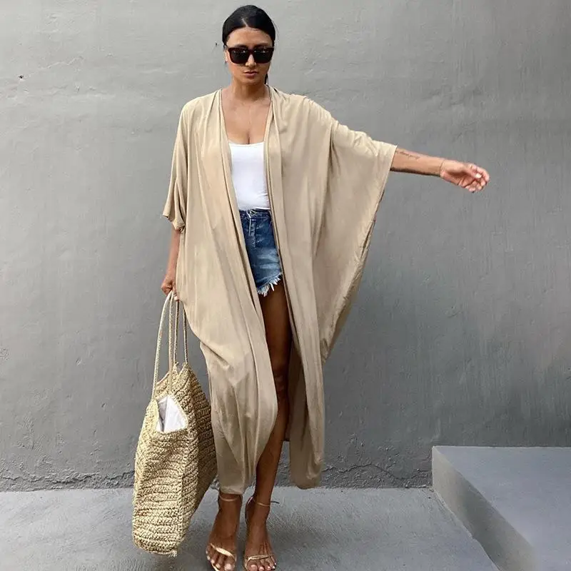 WeHello-Women's Beach Cover Up Kimono, Summer Swimsuit Cape, Solid Bohemian Tunic Dresses, Bathing Suits, Cardigan, Shawl